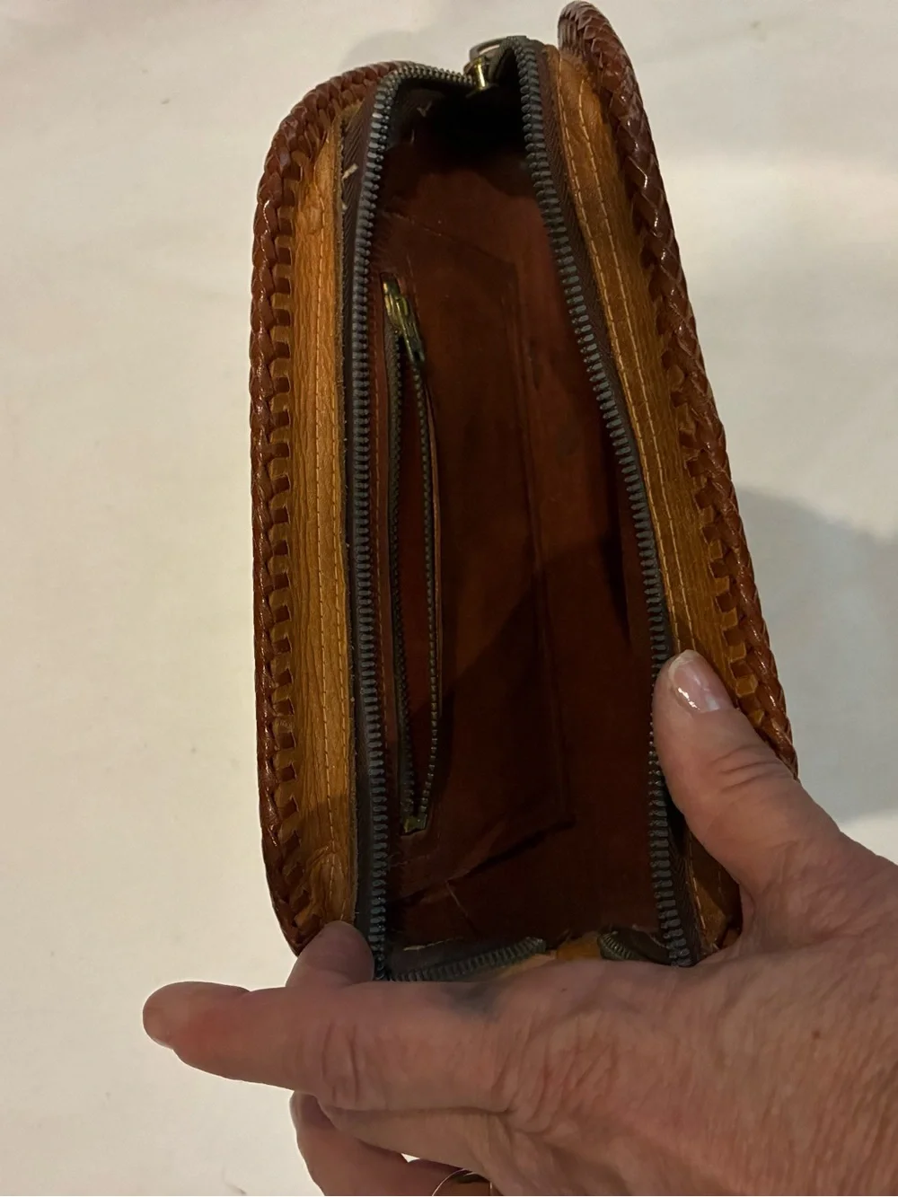 Hand-Tooled Floral Leather Clutch Wallet - Tan Brown Leather Big Zipper Wristlet